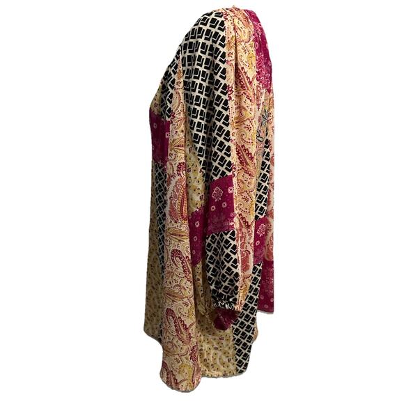 Rose & Olive Top 1X Patchwork Blouse Chiffon Boho Artsy Purple Yellow Black - Picture 4 of 8